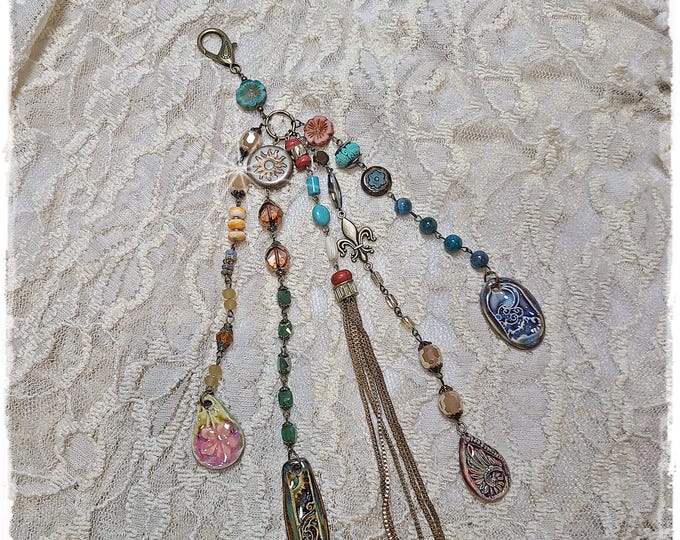 EXTRAORDINARY NATURE-INSPIRED Purse Charm - Czech Glass Beaded Chains w/Precious Gemstone Beads, Beaded Purse Tassel, Artisan Ceramic Charms
