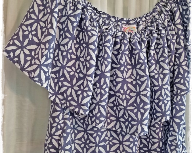 SALE!! BOHO Off-Shoulder Flutter Blouse -Abstract Floral Rayon, HippieChic Peasant Ruffle Bardot Top, Bohemian Gypsy Festival Blouse [T1803]