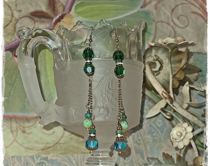 ARTISAN-MADE Double Dangle Crystal Drop Earrings - Multi-Faceted Czech Glass, Party Jewelry, Gypsy Ear Art, Ultra-Faceted European Crystals
