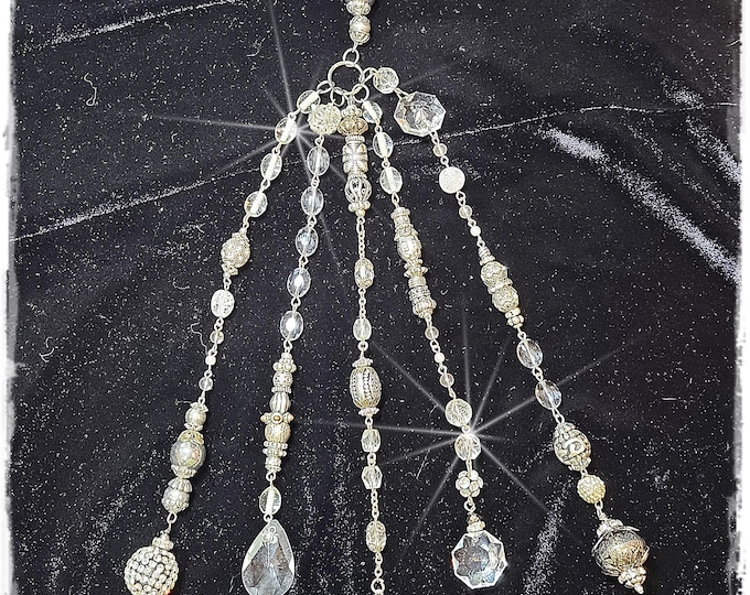 EXQUISITE CRYSTAL & SILVER Purse Charm - 5 Long Strands, Antique Rosary Beads, Tibetan Silver Beads, Sparkling Rhinestone/Crystal Beads