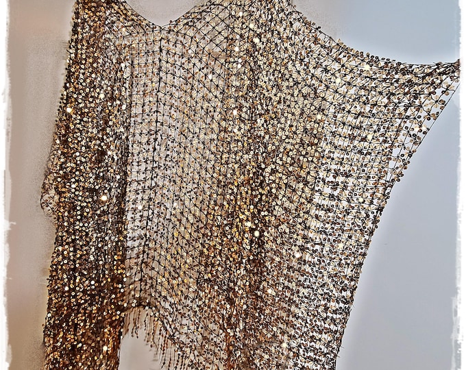 SPARKLING GOLD SEQUINED Kimono!  Stunning Super Bling Hippie Cloak, Spectacular Gypsy Festival Wrap, Glittering Party Coat [K2652]