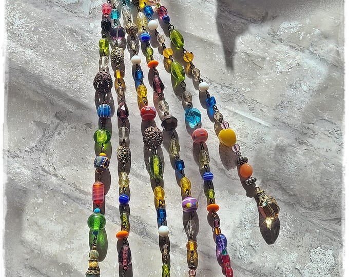 FUN COLORS Purse Charm - Extra Long Beaded Chains Using Glass Beads, Brass Beads, Crystal Beads, and Gemstone Beads