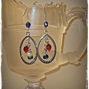 RED-WHITE-BLUE Dangle/Hoop Earrings - Long Crystal Drops, Patriotic Ear Art, Americana Hippie Jewelry, Gemstones & Czech Crystals