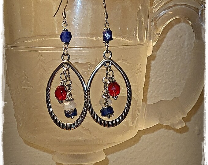 RED-WHITE-BLUE Dangle/Hoop Earrings - Long Crystal Drops, Patriotic Ear Art, Americana Hippie Jewelry, Gemstones & Czech Crystals