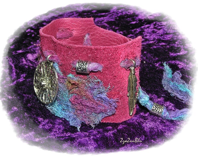 SEXY SUEDE & SILVER Hippie-Chic Cuff Bracelet - Tie Dyed Details. Silver Charms. Boho Gypsy Tattered Style  [C-112]