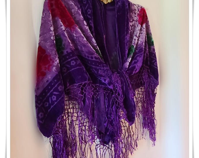 HIPPIE CHIC Piano-Scarf Fringed SHAWL - Boho Cloak, Burnout Velvet Colorful Gypsy-Chic Party Cape, Festival Wrap Stevie-Style [SH2640]