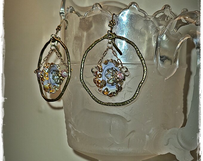 DAZZLING REN-FAIRE-Style Hoop Earrings - Lampwork Beads & Czech Glass Drops, Bohemian Dangle Drops, Gypsy EarArt, Beaded Hippie Earrings