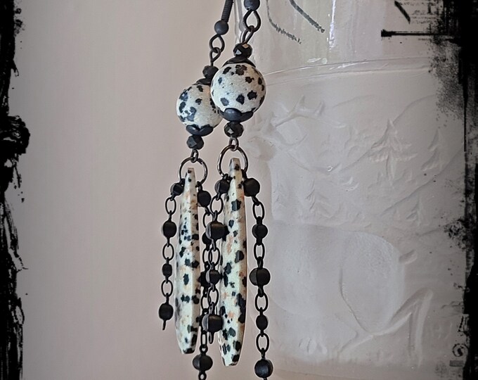 DALMATION JASPER GEMSTONE Drop Earrings - Premium Gemstone Beads, Bohemian Dangle Ear Art, Festival-Ready Hippie Earrings
