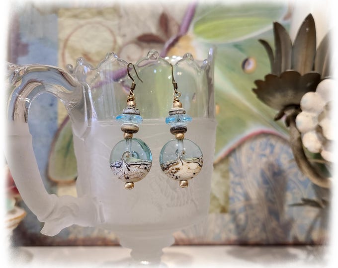 BEACHGLASS LAMPWORK Beaded Earrings  "Hermosa Beach Collection/Surf Jewelry", Boho Hippie Ear Art, Artisan-Made Glass Beads - "Wave 2"
