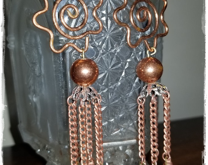 SALE! Copper SUN & TASSEL Chandelier Earrings - Fun Copper+Brass Statement Dangles, Handmade Boho Gypsy Ear Art, Long Tassel Hippie Earrings