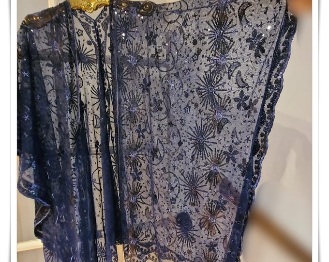 DAZZLING CELESTIAL KIMONO!  Navy Blue Sparkling Hippie Jacket, Brilliant Embroidered Gypsy Festival Wrap, Glittery Party Cloak [K2649]