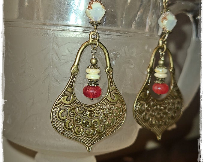 EXOTIC Dangle-Drop HIPPIE Earrings - Decorative Brass, Colorful Czech Glass Beads, Handmade Dangle Drop EarArt, Colorful Beaded Earrings