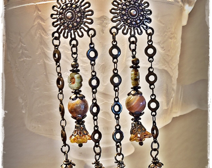 FABULOUS CHANDELIER HIPPIE Earrings - Brass Bar Chain & Czech Glass Beads, Handmade Dangle Drop Ear Art, Long Hippie Earrings