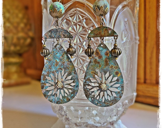RUSTIC GYPSY Chandelier & Gemstone Earrings - Artisan Statement Dangles, Bohemian EarArt, Verdigris Brass /Turquoise Hippie Earrings