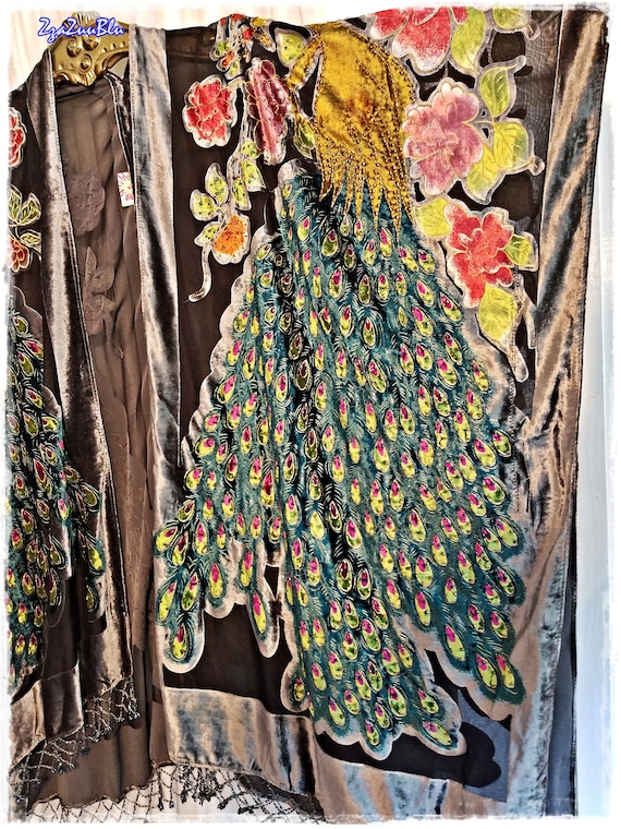 EXQUISITE BEADED Peacock Kimono - SilverGray Burnout Velvet, AB Beaded Fringe, Hippie Haori, Boho Festival Topper, Gypsy Chic Jacket [K2388]