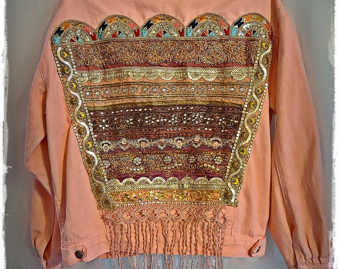 UPCYCLED Embellished Beaded Denim Jacket - Womens Pink Sparkly Jacket, Hippie Bling Altered Bohemian Gypsy Festival Outwear [J2287]