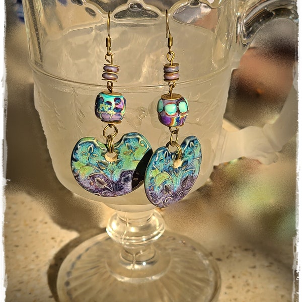 TOPANGA CANYON COLLECTION c.1969 - Trippy HippieChic Dangle Porcelain Earrings, Boho Earrings, Blue+Green+Purple Ear Art [TCC45]