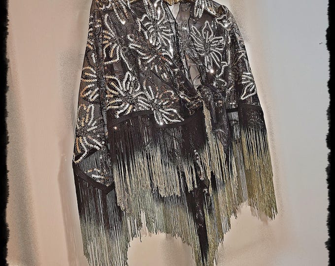 DAZZLING CONCERT SHAWL!  Super Bling Sparkling Hippie Cloak, Gold Sequin Gypsy Festival Wrap, Glittery Stevie Party Cape  [SH2542]