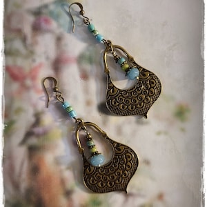 EXOTIC Dangle-Drop HIPPIE Earrings - Decorative Brass, Aquamarine Gemstone Beads, Handmade Dangle Drop EarArt, Colorful Beaded Earrings
