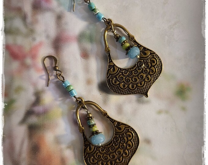 EXOTIC Dangle-Drop HIPPIE Earrings - Decorative Brass, Aquamarine Gemstone Beads, Handmade Dangle Drop EarArt, Colorful Beaded Earrings