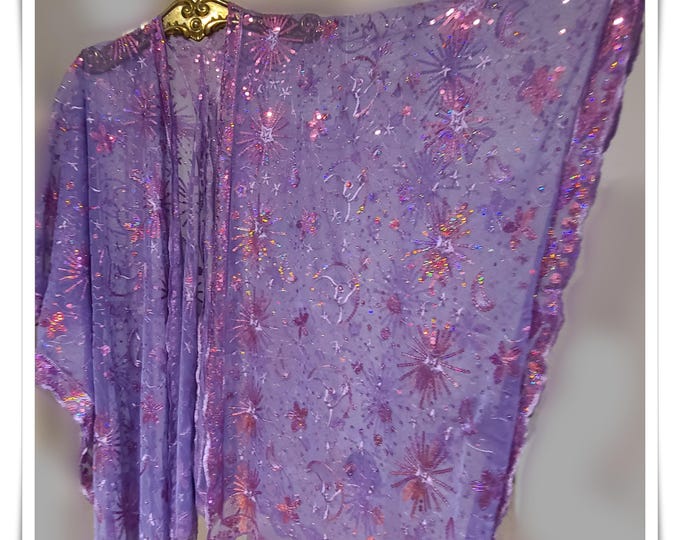 DAZZLING CELESTIAL KIMONO!  Super Bling Sparkling Hippie Cloak, Brilliant Embroidered Gypsy Festival Wrap, Glittery Party Coat [K2661]