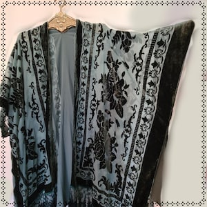 May include: A light blue kimono featuring a dark velvet floral pattern and decorative borders. The garment has an open front design with wide sleeves and is displayed on a metallic hanger, showcasing a semi-sheer fabric with intricate velvet detailing.