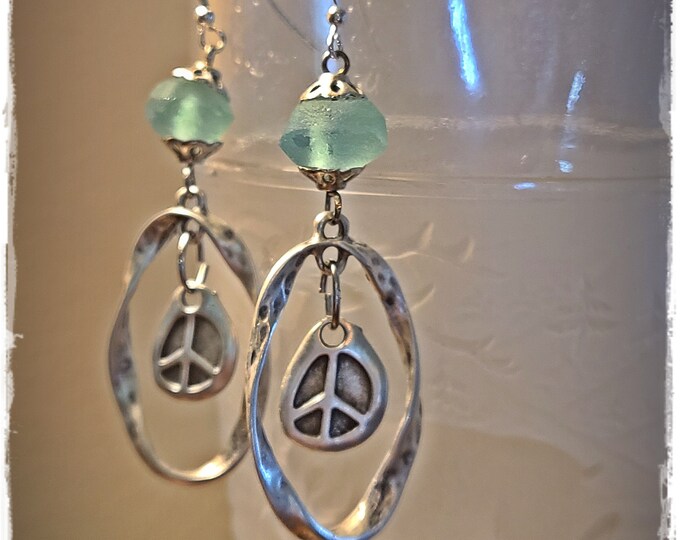 HIPPIE PEACE SIGN Dangle Earrings - Handmade Silver Drops, African Krobo Beads, Cool Hoop/Drop Ear Art, Bohemian Earrings