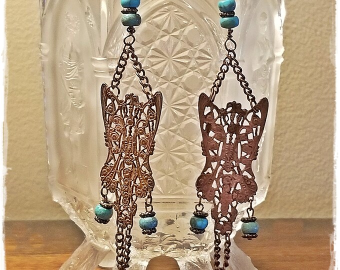GROOVY GYPSY STYLE Chandelier Earrings - Copper & Turquoise Beaded Drops, Handmade Boho Dangle Drops, Gemstone Ear Art, Long Hippie Earrings