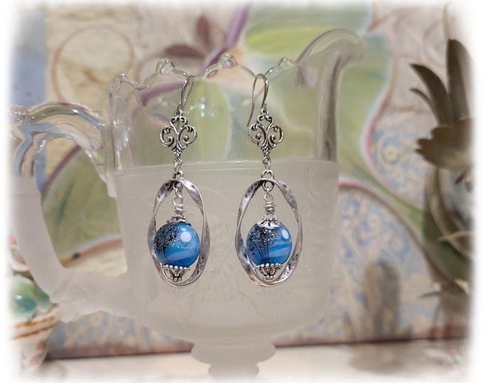 EXQUISITE LAMPWORK Dangle-Drop-Hoop Bohemian Earrings - "Twilight Moon" Artisan-Made Beads, Silver Hoop Earrings