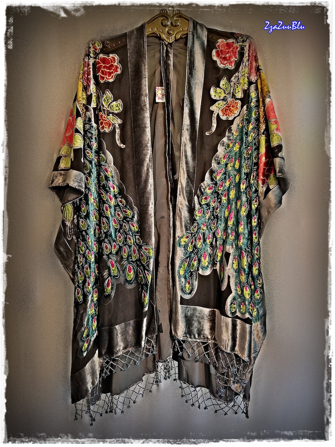 The Art Deco Peacock Burnout Velvet Beaded Evening Kimono Jacket - Scarlet Red main image 1