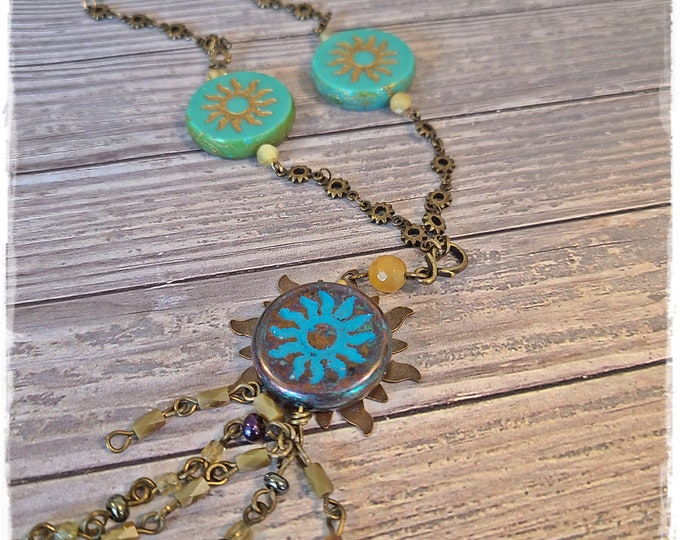 SUNSHINE CZECH GLASS Necklace - Bohemian Festival Jewelry, Gemstone & Glass Beads, Sunshine Brass Chain, Wearable Art, Hippie-Chic Necklace