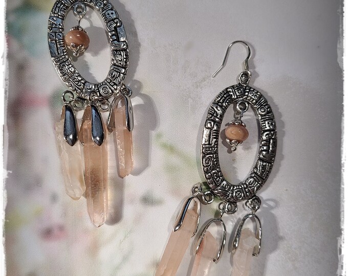 ROSE QUARTZ CHANDELIER Earrings - Premium Quartz Crystals & Pink Opals, Bohemian Dangle Hoops, Gypsy Ear Art, Long Hippie Earrings