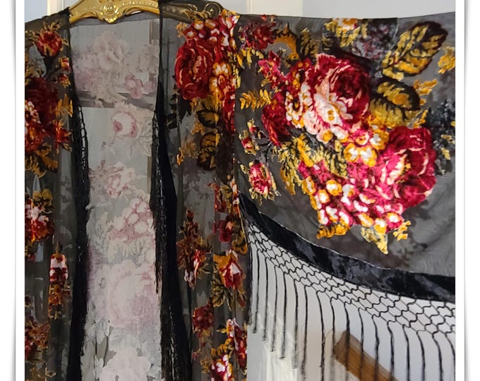 LONG BLACK FLORAL Burnout Velvet Duster - Kimono Jacket, Festival Gypsy Robe, Extra Wide Sleeves, Silky Fringe Hippie-Chic Kimono [KJ2647]