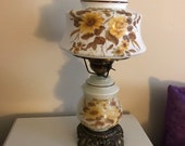 Vintage Table Hurricane Floral Lamp-Hand Painted-3 Way Electric Lamp w Shade-Country Farmhouse Decor Accessories-FREE DOMESTIC SHIPPING