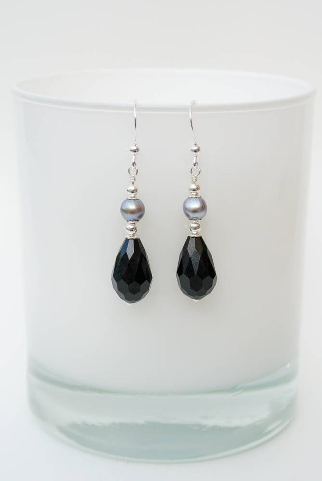 Sterling Silver Black Drop Earrings Silver Pearl and Black Crystal