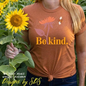 Be Kind Adult Camiseta unisex, camisa Be Kind, BC 3001 adulto, camiseta Bee Kind, Save the Bees, camisa de abeja con flores, regalo para su camisa