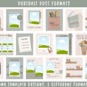 May include: A collection of 18 social media post templates for book lovers. The templates feature a green and brown color scheme with illustrations of books, clouds, and hills. The text on the templates includes phrases like "Trope Tuesday", "New ARC Release", "Currently Reading", "February TBR", "To Do Today", "Fairy Friday", "Wish List Wednesday", "My 5 Star Read", "Book of the Month", "Skip the Flowers Buy Me Books", "Book Review", "Dick My", "Review at a Glance", "Author Spotlight", "She's a 10", "But Like TBR", "It's Out of Control", and "Books".