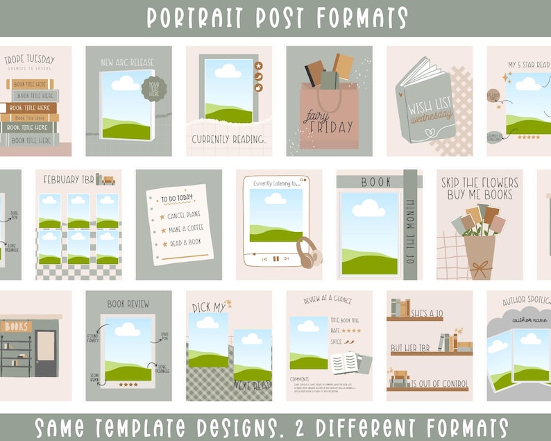 May include: A collection of 18 social media post templates for book lovers. The templates feature a green and brown color scheme with illustrations of books, clouds, and hills. The text on the templates includes phrases like "Trope Tuesday", "New ARC Release", "Currently Reading", "February TBR", "To Do Today", "Fairy Friday", "Wish List Wednesday", "My 5 Star Read", "Book of the Month", "Skip the Flowers Buy Me Books", "Book Review", "Dick My", "Review at a Glance", "Author Spotlight", "She's a 10", "But Like TBR", "It's Out of Control", and "Books".