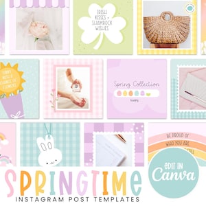 Spring Instagram Post templates, Canva, Easter Instagram post template bundle, Pastel instagram templates, rainbow pastel branding