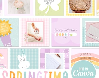 Frühling Instagram Post Vorlagen, Canva, Ostern Instagram Post Vorlagen Bundle, Pastell Instagram Vorlagen, Regenbogen Pastell Branding
