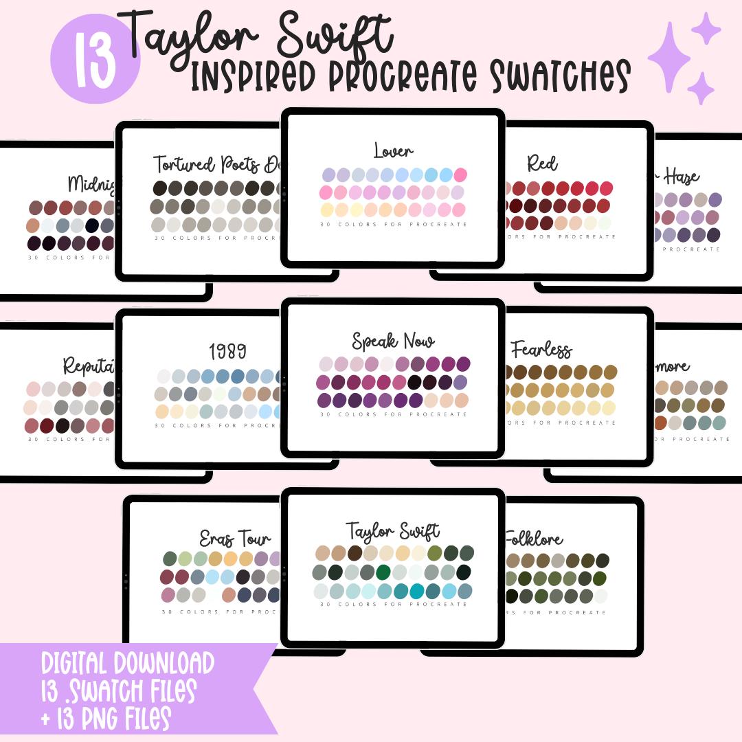 Paquete de paletas de color para Procreate – Taylor Swift Eras Tour Swatches, 13 paletas, 30 colores cada una