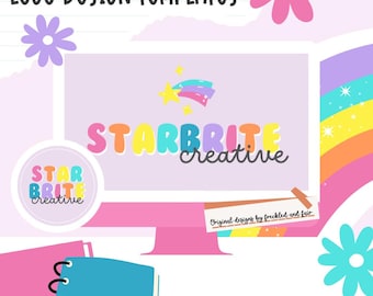 Rainbow Pastel Logo Template design, rainbow logo design, bright pastel logo, coloful logo template, editable logo design, canva template