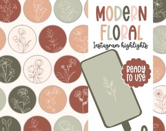 Op de afbeelding: Set van 12 moderne bloemige Instagram-highlightcovers in verschillende tinten bruin, roze en groen. Elke cover heeft een eenvoudige lijntekening van een bloem of plant. De tekst "MODERN FLORAL Instagram highlights" en "READY TO USE" is ook inbegrepen.