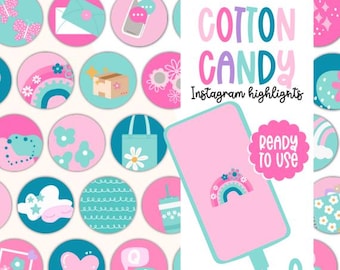 Puede incluir: Un conjunto de 16 cubiertas de destacados de Instagram coloridas con un tema de algodón de azúcar. Las cubiertas presentan varios diseños, incluyendo arcoíris, nubes, flores y estrellas. El texto "COTTON CANDY Instagram highlights" se muestra en la parte superior de la imagen.
