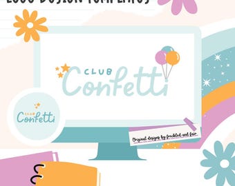 May include: A computer screen displaying a logo design template for a business called "Club Confetti". The logo features a blue and white font with the word "Confetti" in a playful, handwritten style. The logo also includes a cluster of three balloons in pink, yellow, and white. The screen is on a desk with a notebook and a pink flower.