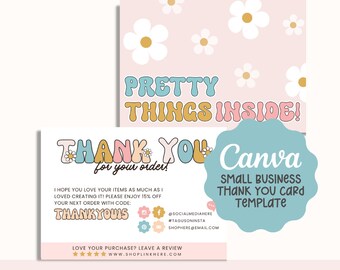 Small Busines Thank You Card Template, Canva Template, Thank You Card template, Boho thank you card, retro boho thank you card design