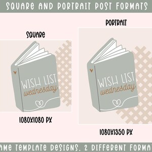 May include: A graphic design template for social media posts featuring a closed book with the text "WISH LIST wednesday" in brown lettering on a light green background. The book is on a beige and brown checkered background. The template is available in two sizes: 1080x1080 pixels and 1080x1350 pixels.