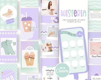 May include: A collection of Instagram story templates in pastel colors, including lavender, mint green, and peach. The templates feature various designs, including a butterfly, a coffee cup, and a "Get to Know Me" graphic. Text includes "Wisteria" and "Edit in Canva."