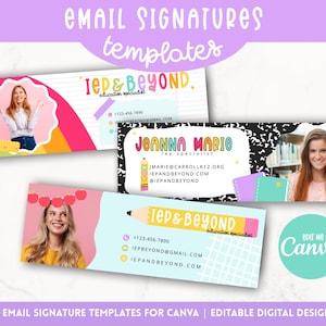 以下が含まれることがあります： Canva 用のカラフルなデザインのメール署名テンプレート。「IEP & BEYOND」のテキストと連絡先情報を入力するスペースがあります。デザインには、人々の画像と学校をテーマにしたグラフィックが含まれています。