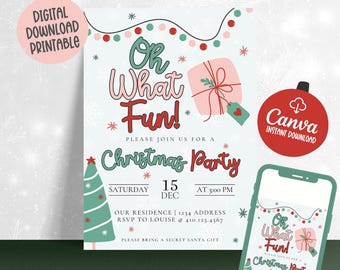 May include: A printable Christmas party invitation with a red, green, and white color scheme. The invitation features a festive illustration of a Christmas tree, presents, and a string of lights. The text reads "Oh What Fun! Please join us for a Christmas Party Saturday, December 15th at 3:00 PM. Our Residence 1234 Address. RSVP to Louise at 410.123.4567. Please bring a Secret Santa gift."